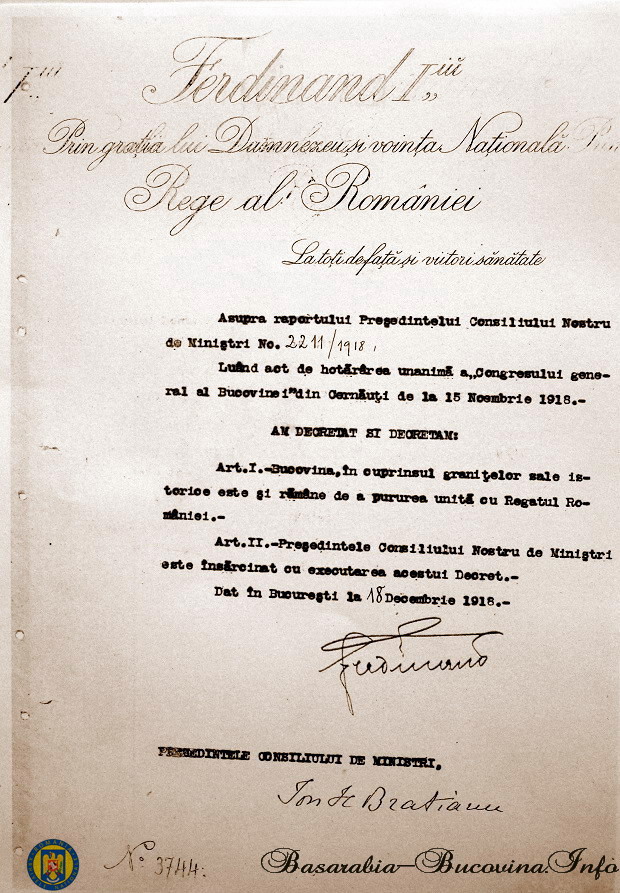 1 Bucovina pururea unita cu Regatul Romaniei - Decretul Regelui Ferdinand - 18 Dec 1918 - Basarabia-Bucovina.Info